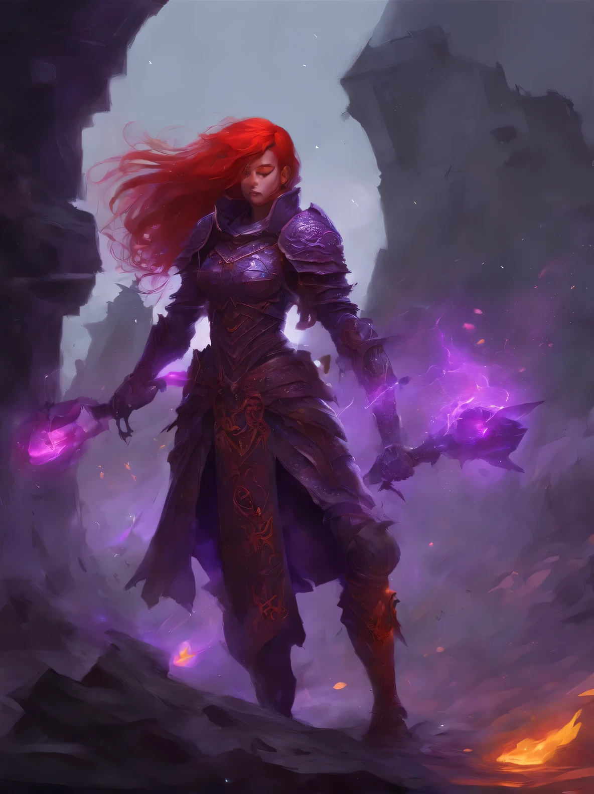 witch with red hair and black outfit walking in a dark castle, dark fantasy style art, gothic fantasy art, fantasy card game art, female red-haired templar, dark fantasy female wizard, cute necromancer, a beautiful sorceress, trendin in artstation, by Yang J, tyler edlin fantasy art, fantasy style art,hyper detaled full body scene superpowered evil sorceress,  detailed symmetrical beautiful velvety green eyes, detailed beautiful face, volumetric long lush red hair, dynamic pose, perfect shading, with dramatic lighting.centered, intricate long dress costume, seductive aura, beautiful curves,,beautiful thighs, small waist, gorgeous body, conjuring a portal, rendered in 12K resolution for high quality details, conceptual art, smooth, sharp focus, illustration, field depht,  Highly detailed, smooth natural volumetric cinematic perfect light, intricate art masterpiece, full body image, dungeon, fire,incredibly sexy and detailed dark clothes, corset,stylized footwear up to the shin,science fiction elements,dungeons and dragons,skulls stacked on the ground,lava stream, explosion,rainy day,open portal