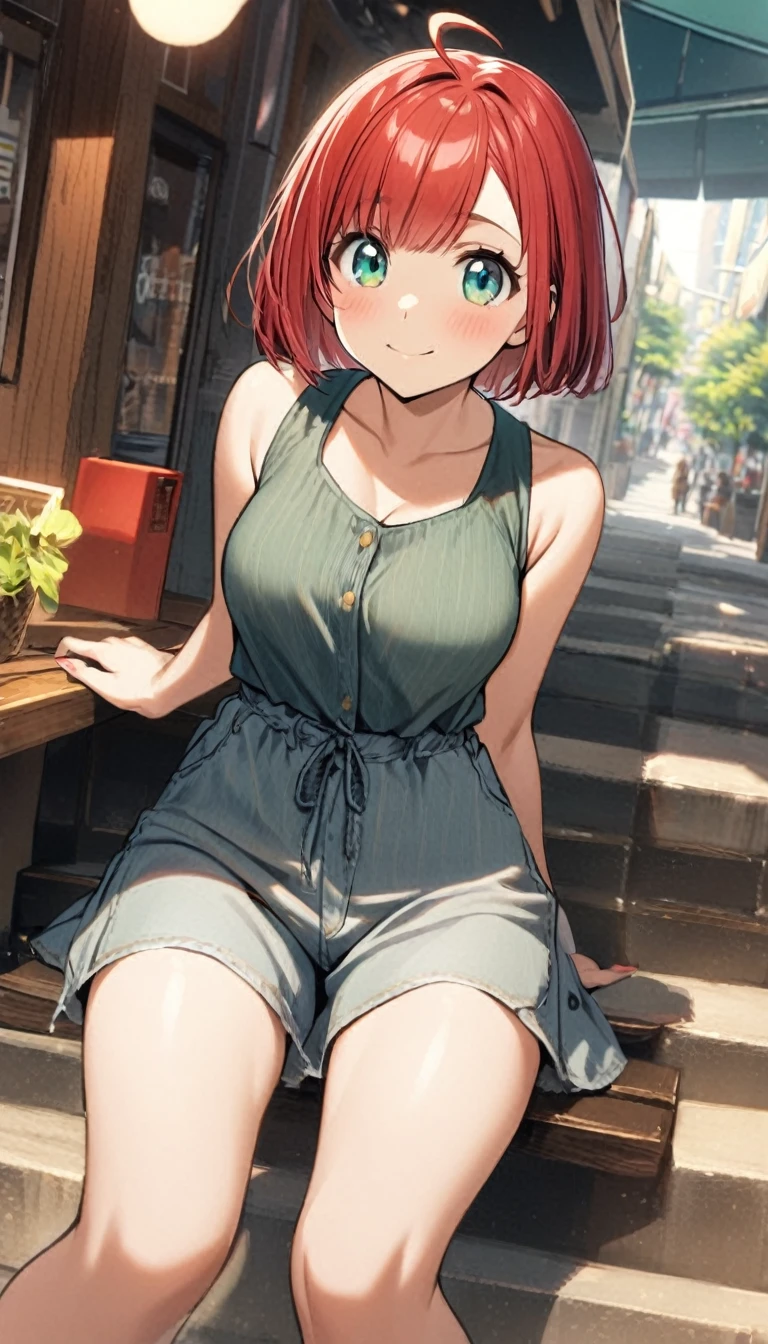 1girl,rubyred hair,bowlcut hair,half circle ahoge,blue green eyes,tareme,medium breasts,casual