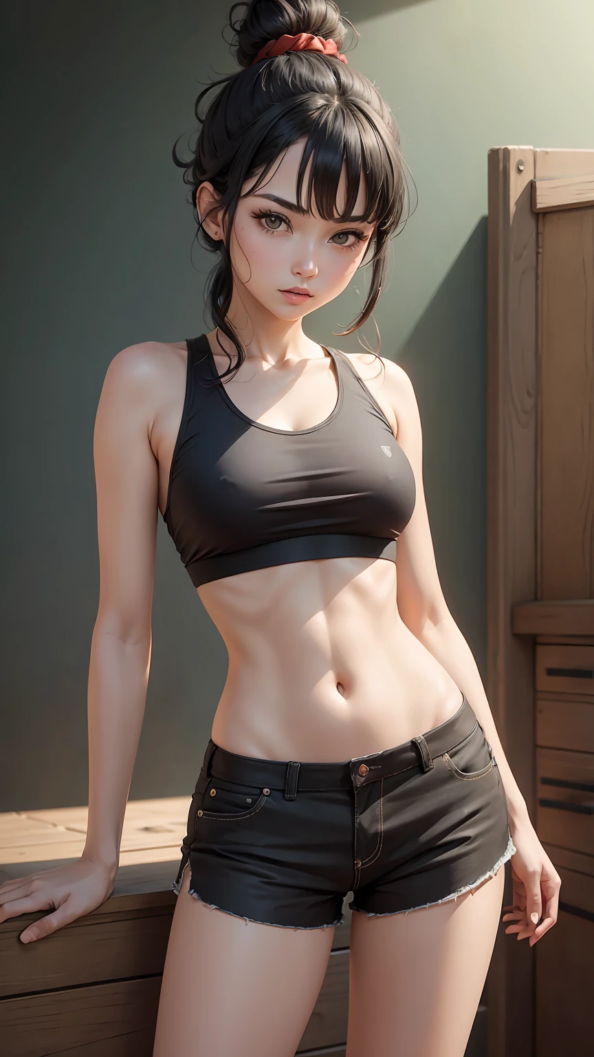 Girl1,cowboy shot,triangle face,red eyes,(black hair, top knot hairstyle,red tank,short pants),green background,HD,highly detailed
