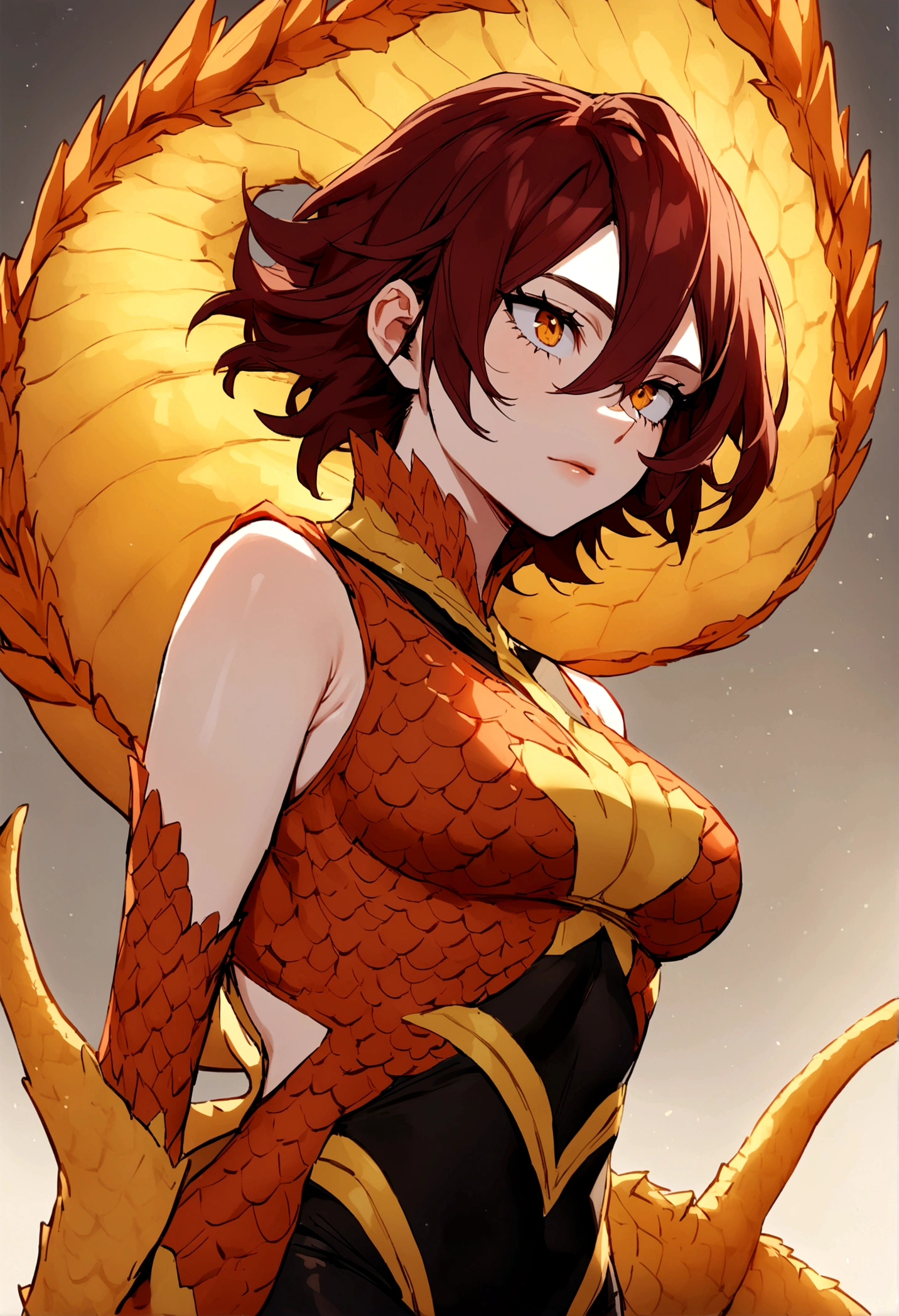My Hero Academia Capture female with Dark reddish hair, orange irises, dragon like clothing