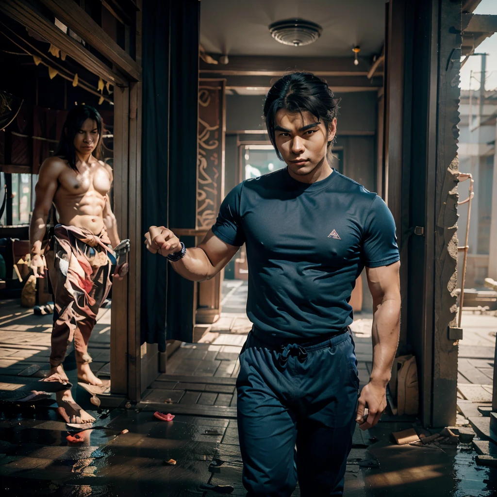 The novel 4 Shocking Guardians of the World shows a picture of Kin, a 23-year-old Thai man with a strong figure, standing tall and holding a fist. Has a large fist like ice power, is light blue, wears a black t-shirt, has short hair, uses the power to control the water behind himself. Transform into a roaring ice tiger human. It has a large transparent shape. able to see through A big, stocky body, with Maiya, a 21-year-old half-Thai-Chinese girl with long, tied-up hair, wearing a red T-shirt and long jeans. Take a fighting position, pointing your legs up to the sky. Nicha, a 22-year-old Thai woman, has long hair in a bangs style. Wearing a blue t-shirt and long pants, with emerald green eyes, the two stood next to Kin. Kin stood in the middle. Location along the Mekong River, So Phisai District, Bueng Kan Province. distant angle photography In a semi-realistic form. The scene is like a Hollywood movie cover.