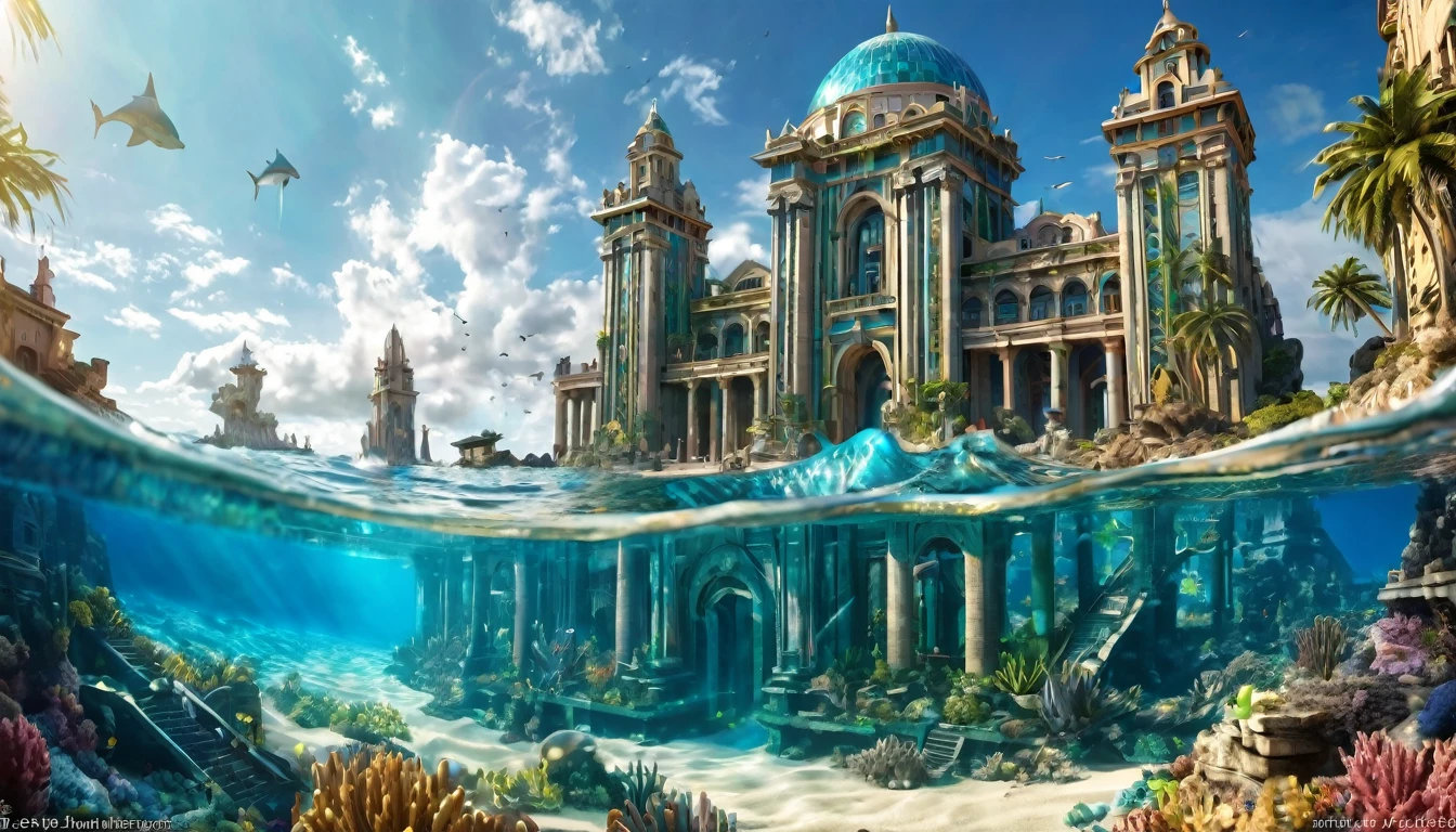Buildings of Atlantis, fantasy art 80%, ancient architecture 90%, surreal fantasy building 95%, photo realistic image, masterpiece, 8k, precise details, vibrant colors
