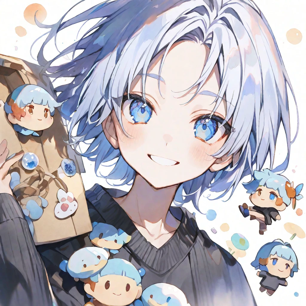 solo, handsome, Watercolor ,1/2, mini-character, small character,
1. male,
Straight hair, Bob hair,light blue Hair,Blue eyes&Soft look ,
Gojo Satoru,18 years old,black cardigan,sweater,skin,smile,White background