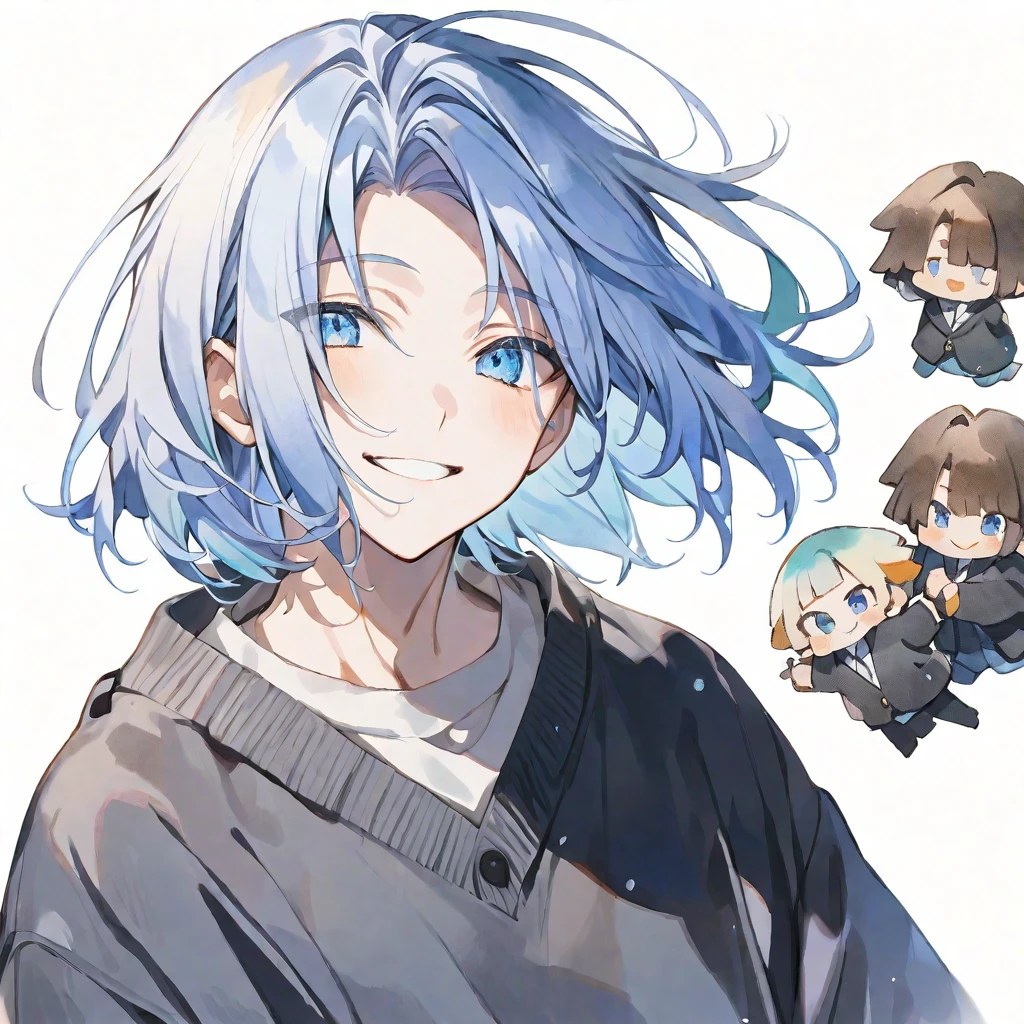 solo, handsome, Watercolor ,1/2, mini-character, small character,
1. male, 
Straight hair, Bob hair,light blue Hair,Blue eyes＆Soft look ,
Gojo Satoru,18 years old,black cardigan,sweater,skin,smile,White background