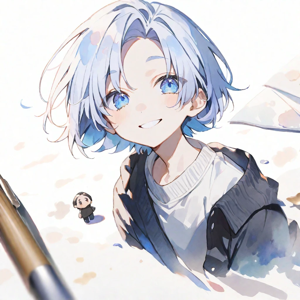 solo, handsome, Watercolor ,1/2, mini-character, small character,
1. male,
Straight hair, Bob hair,light blue Hair,Blue eyes&Soft look ,
Gojo Satoru,18 years old,black cardigan,sweater,skin,smile,White background