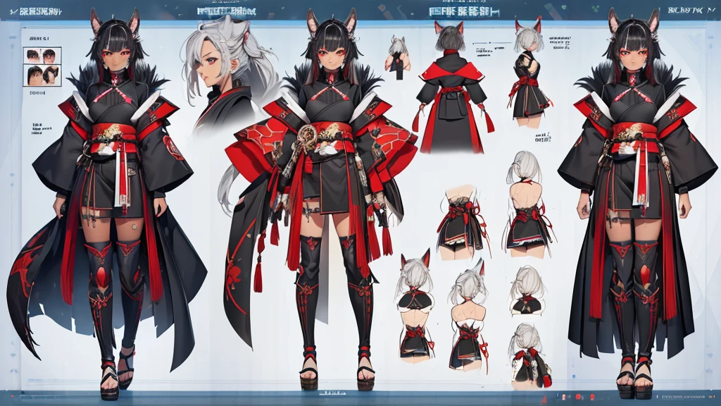 (highest quality、4k、8k、High resolution、masterpiece: 1.2)、Super detailed、real、photorealistic
An illustration、(((character design sheet, Detailed character description)))、Full body three-view diagram and detailed explanation of clothing:1.2, creative design
dark skin, woman, black woman, masculine, brown eyes, black medium messy hair, black hair with grayish highlights side bang to left side of face covering eye halfway, shogun, warrior, black red kimono, armor chest piece, armor samurai shoulder pads, emotionless expression, wolf ears, wowolf tail scars on face, wearing geta footwear, long robes, Sakura petals