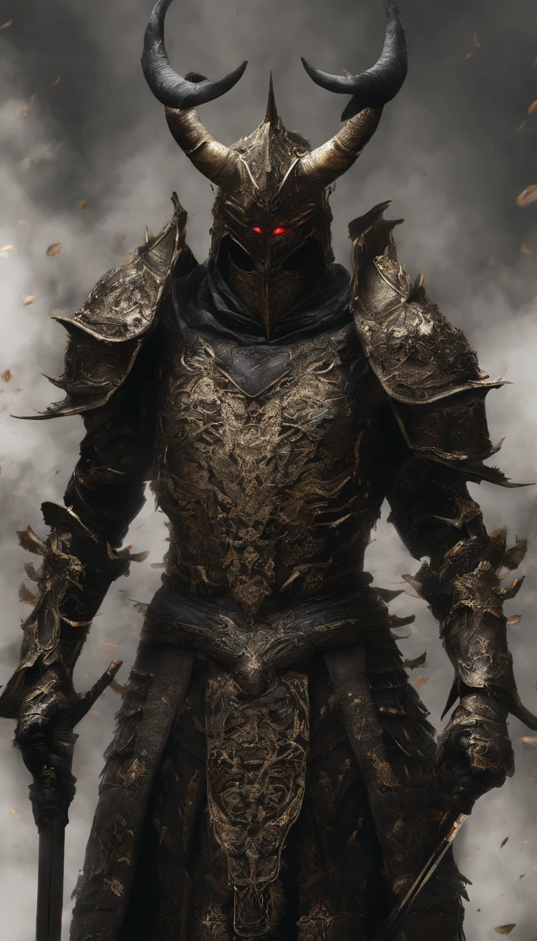 warrior, concept-art, author:Kishiganku, Fantasy art, battleground background, clean render, a horned, Wear a suit of armor, Detailed bushido form smoke, helmet of a forgotten deity, character is standing, 8k Realistic, in game render, detailed face background detail, Art station front page, taur, Pseudo-medieval fantasy, A deity wearing koi armor, detailed bronze armor, Bronze armor, golden etched armor, gold obsidian armor, Light gold armor, Gorgeous filigree armor, A demonic warrior, Gorgeous armor full of thorns, Intricate assasin armor, Intricate metal armor, powerful warrior, Dressed in gorgeous gold armor,Decorated with intricate patterns, The helmet has a large crown and two horns,Glowing red eyes, Everything is in the dark, The smoky background hints at battle scenes, Add an ominous aura to his character,submission, Full body shot.