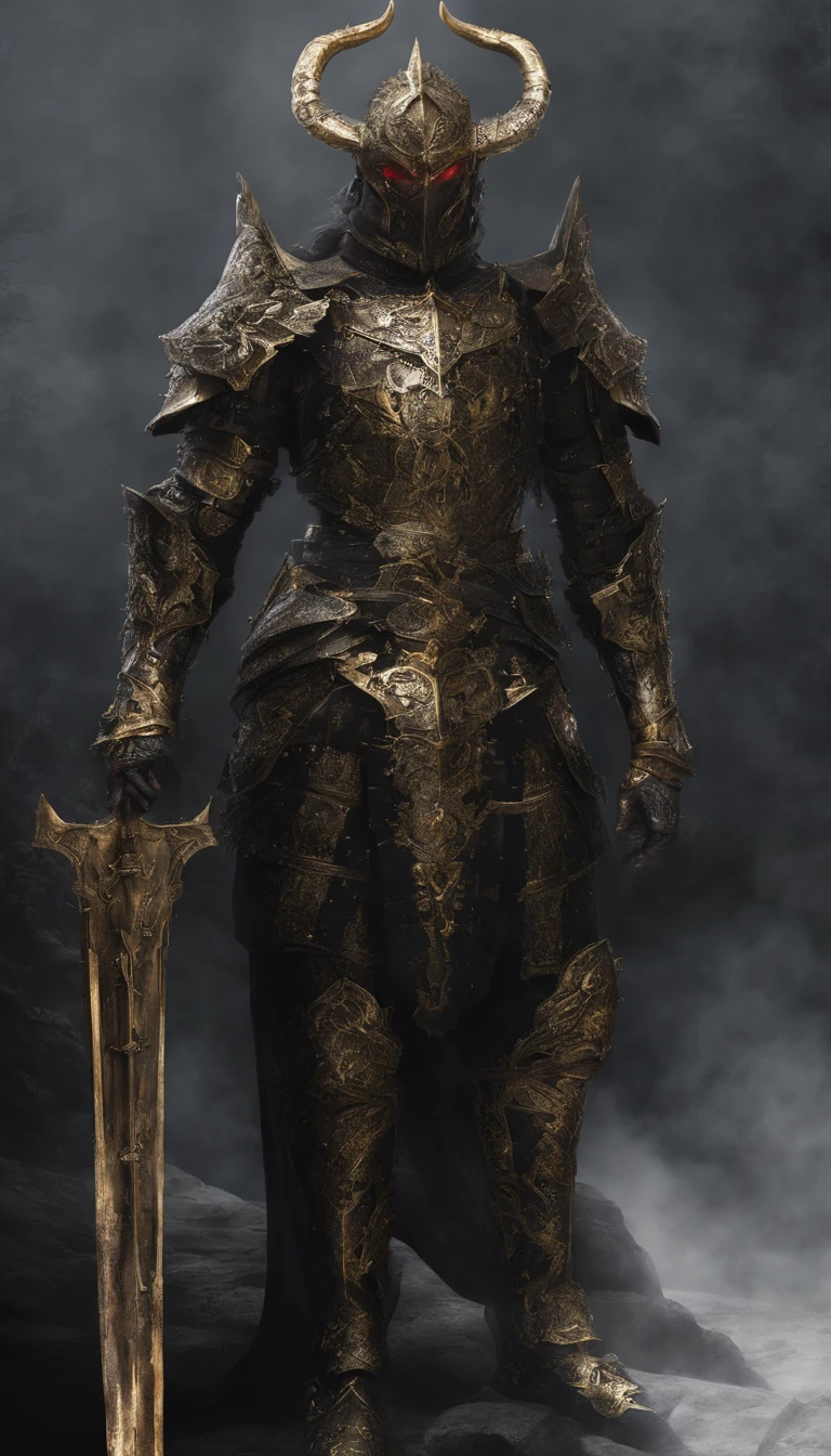 warrior, concept-art, author:Kishiganku, Fantasy art, battleground background, clean render, a horned, Wear a suit of armor, Detailed bushido form smoke, helmet of a forgotten deity, character is standing, 8k Realistic, in game render, detailed face background detail, Art station front page, taur, Pseudo-medieval fantasy, A deity wearing koi armor, detailed bronze armor, Bronze armor, golden etched armor, gold obsidian armor, Light gold armor, Gorgeous filigree armor, A demonic warrior, Gorgeous armor full of thorns, Intricate assasin armor, Intricate metal armor, powerful warrior, Dressed in gorgeous gold armor,Decorated with intricate patterns, The helmet has a large crown and two horns,Glowing red eyes, Everything is in the dark, The smoky background hints at battle scenes, Add an ominous aura to his character,submission, Full body shot.