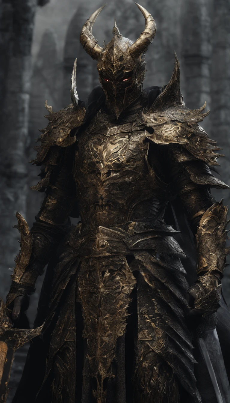 warrior, concept-art, author:Kishiganku, Fantasy art, battleground background, clean render, a horned, Wear a suit of armor, Detailed bushido form smoke, helmet of a forgotten deity, character is standing, 8k Realistic, in game render, detailed face background detail, Art station front page, taur, Pseudo-medieval fantasy, A deity wearing koi armor, detailed bronze armor, Bronze armor, golden etched armor, gold obsidian armor, Light gold armor, Gorgeous filigree armor, A demonic warrior, Gorgeous armor full of thorns, Intricate assasin armor, Intricate metal armor, powerful warrior, Dressed in gorgeous gold armor,Decorated with intricate patterns, The helmet has a large crown and two horns,Glowing red eyes, Everything is in the dark, The smoky background hints at battle scenes, Add an ominous aura to his character,submission, Full body shot.