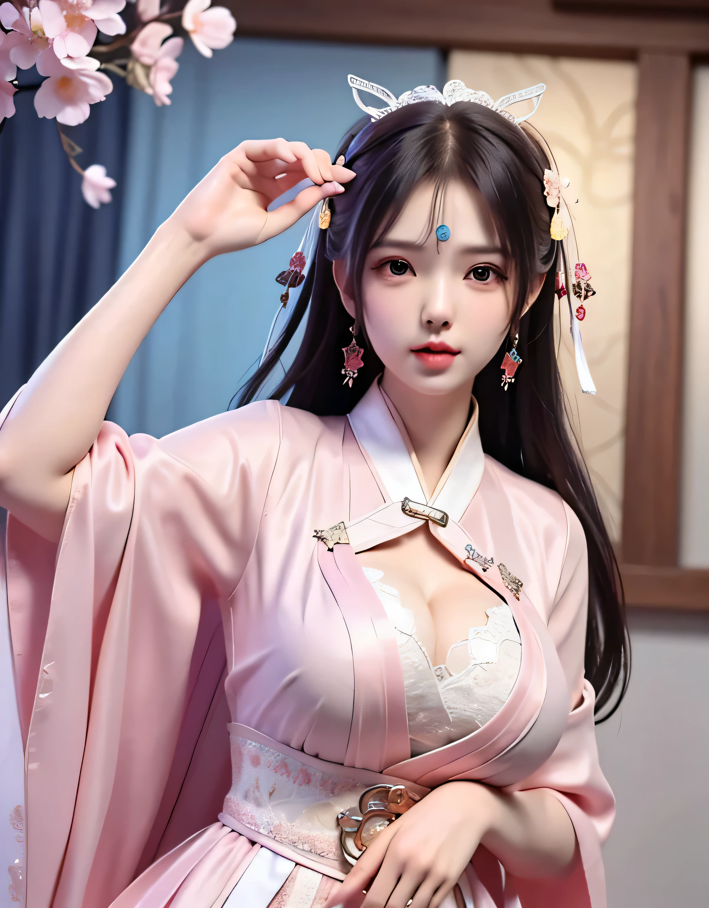 (8k, RAW photo:1.2), best quality, ultra high res,dramatic angle,(fluttered detailed color splashs), (illustration),(((1 girl))),(long hair),(rain:0.9), (Headdress:1.4),There is an ancient palace beside the girl,Hanfu,(Key Points),Color ink painting,(Splash of Color),Splash of Color,(((colorful))),(sketch:0.8) , Masterpiece, best quality, beautiful painted, highly detailed,(denoising:0.6),[splash ink],((ink refraction)), (beautiful detailed sky),moon,highly,detaild,(masterpiece, best quality, extremely detailed） CG Unity 8k Wallpaper，masterpiece，best quality，Ultra Detailed），（Lycoris）. hanfu open v   open V-chested clothes Thin silk lace dress , (huge ，cleavage),, white pink, blue ，best qualtiy，tmasterpiece，Ultra-high resolution，（Reality：1.4），RAW photogr，（True skin texture：1.3），（filmgrain：1.3），（Selfie angle），1个Giant Breast Girl，Beautiful eye and face details，tmasterpiece，Best quality at best，，The chest more exposed， detailed hair, bra pink , detail 8k, full body, lace petticoat, fan handle