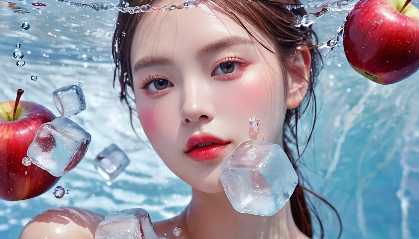 Summer red apple girl,Dopamine teenage, Cool summer days,Ice cubes,The watery girl,Delicate skin,Hydration,Shiny,Shiny,dream,Front view,bust,pearl,Red apple fruit