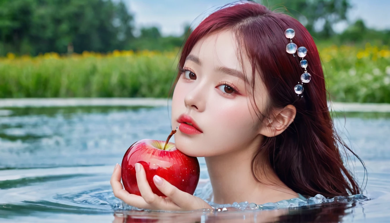 Summer red apple girl，Dopamine teenage， Cool summer days，Ice cubes，The watery girl，Delicate skin，Hydration，Shiny，Shiny，dream，Front view，bust，pearl，Red apple fruit