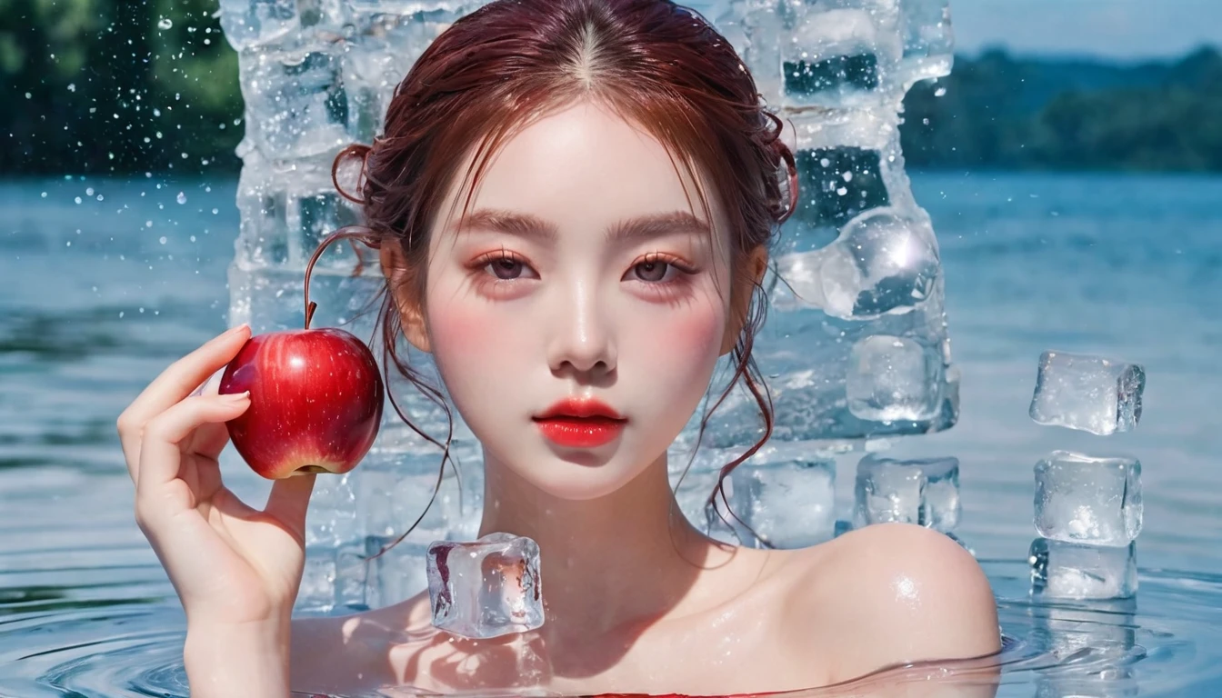 Summer red apple girl,Dopamine teenage, Cool summer days,Ice cubes,The watery girl,Delicate skin,Hydration,Shiny,Shiny,dream,Front view,bust,pearl,Red apple fruit