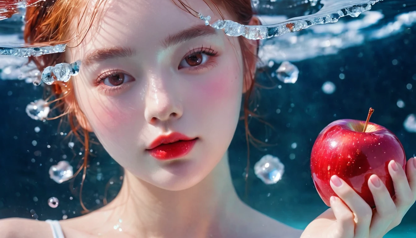 Summer red apple girl,Dopamine teenage, Cool summer days,Ice cubes,The watery girl,Delicate skin,Hydration,Shiny,Shiny,dream,Front view,bust,pearl,Red apple fruit