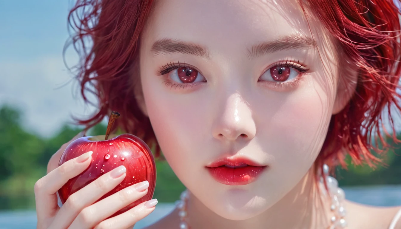 Summer red apple girl,Dopamine teenage, Cool summer days,Ice cubes,The watery girl,Delicate skin,Hydration,Shiny,Shiny,dream,Front view,bust,pearl,Red apple fruit