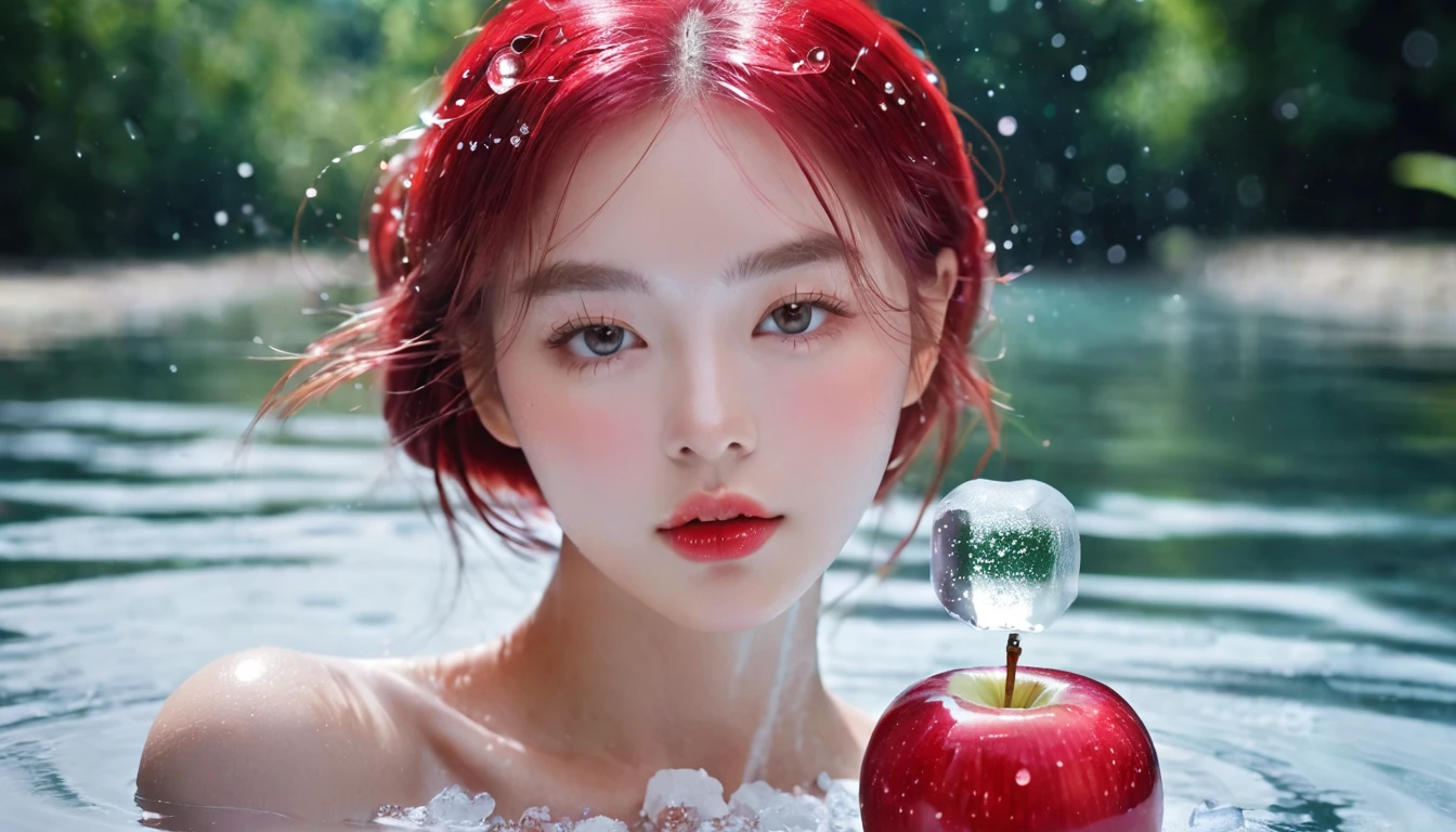 Summer red apple girl,Dopamine teenage, Cool summer days,Ice cubes,The watery girl,Delicate skin,Hydration,Shiny,Shiny,dream,Front view,bust,pearl,Red apple fruit