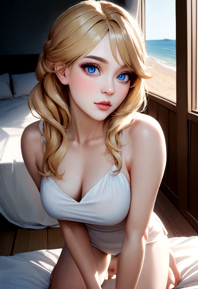 woman arafed completely , Sexy girl with blue eyes, ultra realistic, meticulously detailed, Portrait Sophie Mudd, blonde hair and big eyes, selfie of a ager, bedroom eyes, Olivia Dunne, without makeup, Natural makeup, looking directly at the camera, cara con artgram, subtle makeup, Stunning full body photo kneeling on bed., In the bedroom, small size bust; on the beach
