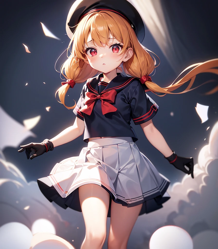 (Sailor suit),Big red ribbon,(((Navy Mini Skirt))),beret,,Cute little loli,Tiny Lori,Small girl,,Childish face, Very fine clean face,Top quality, Big eyes,Straight Hair,Yellow hair,Crimson Eye,(Dark Room), Subtle light, Natural light,Soft lighting,Light from directly behind, (Are standing), Cute pose, (Open your hands), Showing the whole body,Front view,Black background
