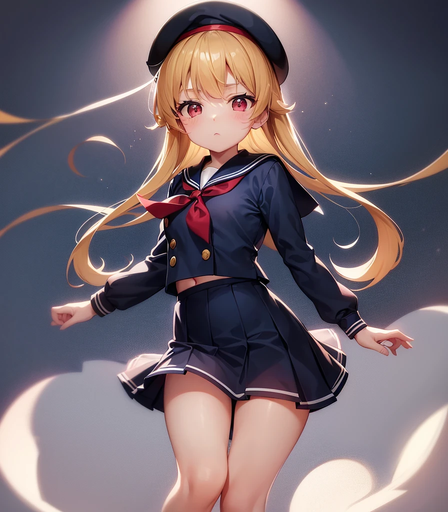 (Sailor suit),Big red ribbon,(((Navy Mini Skirt))),beret,,Cute little loli,Tiny Lori,Small girl,,Childish face, Very fine clean face,Top quality, Big eyes,Straight Hair,Yellow hair,Crimson Eye,(Dark Room), Subtle light, Natural light,Soft lighting,Light from directly behind, (Are standing), Cute pose, (Open your hands), Showing the whole body,Front view,Black background