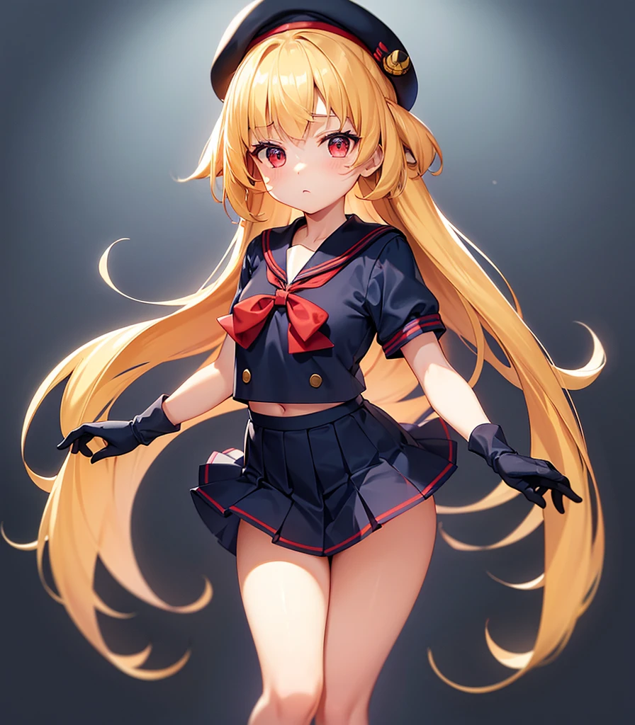 (Sailor suit),Big red ribbon,(((Navy Mini Skirt))),beret,,Cute little loli,Tiny Lori,Small girl,,Childish face, Very fine clean face,Top quality, Big eyes,Straight Hair,Yellow hair,Crimson Eye,(Dark Room), Subtle light, Natural light,Soft lighting,Light from directly behind, (Are standing), Cute pose, (Open your hands), Showing the whole body,Front view,Black background