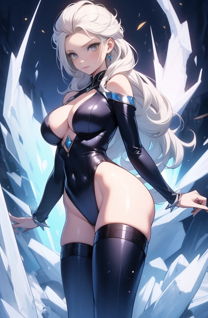 female, solo, young, sexy body, voluptuous figure, tightsuit, white hair, decolored blonde hair, ice effects around, ice queen, beautifull face, long hair, defined body, yellow and bright eyes, thick legs, strong legs, tall, Voluptuous legs, huge ass, big hip, big ass, female sorcerer, blue and black robes, long hair