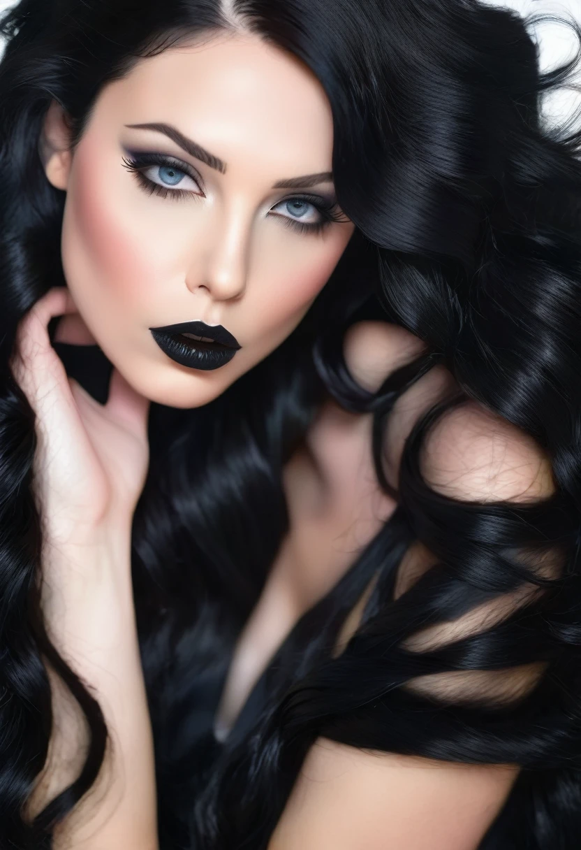 a closeup of a woman with long black hair and a black top, a portrait inspired by Jessie Alexandra Dick, reddit, conceptual art, dark hair and makeup, raven black hair, dark black hair, dark lipstick, long black hair, long wavy black fur, dark hair, dark hair, Jet black hair, dark hair