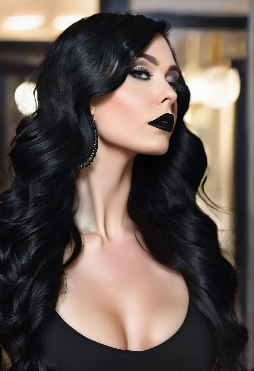 a closeup of a woman with long black hair and a black top, a portrait inspired by Jessie Alexandra Dick, reddit, conceptual art, dark hair and makeup, raven black hair, dark black hair, dark lipstick, long black hair, long wavy black fur, dark hair, dark hair, Jet black hair, dark hair