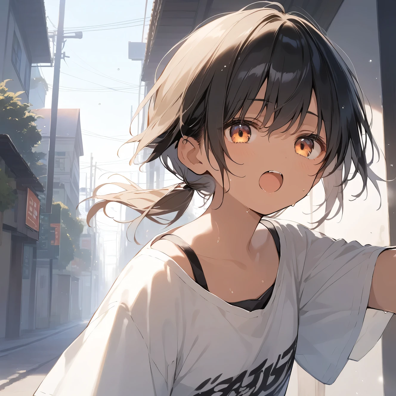 score_9, score_8_up, score_7_up, source_anime, best quality, masterpiece, official art, absurdres, highres, ultra-detailed,waifu2x,Collection: Slice of Life,break,1girl, tomboy, dark-skinned female, short hair, low ponytail, flat chest, beautiful detailed eyes, short shorts, sweat, open mouth, (yawn:0.3), sleepily, outdoors, wind, break,(clear line illustration:1.2),very high resolution, very aesthetic, super detailed skin, Best sexual lighting powered by famous artist, 8k,cute picture,beauty illustration,photoshop_(medium),,(Detailed Lighting),best anime 8k konachan wallpaper, pixiv contest winner,
