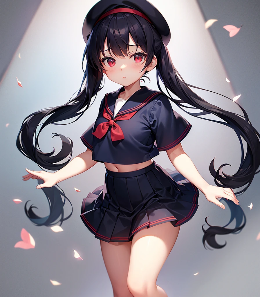 (Sailor suit),Big red ribbon,(((Navy Mini Skirt))),beret,,Cute little loli,Tiny Lori,Small girl,,Childish face, Very fine clean face,Top quality, Big eyes,Straight Hair,Yellow hair,Crimson Eye,(Dark Room), Subtle light, Natural light,Soft lighting,Light from directly behind, (Are standing), Cute pose, (Open your hands), Showing the whole body,Front view,Black background