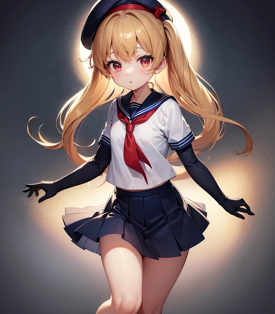 (Sailor suit),Big red ribbon,(((Navy Mini Skirt))),beret,,Cute little loli,Tiny Lori,Small girl,,Childish face, Very fine clean face,Top quality, Big eyes,Straight Hair,Yellow hair,Crimson Eye,(Dark Room), Subtle light, Natural light,Soft lighting,Light from directly behind, (Are standing), Cute pose, (Open your hands), Showing the whole body,Front view,Black background