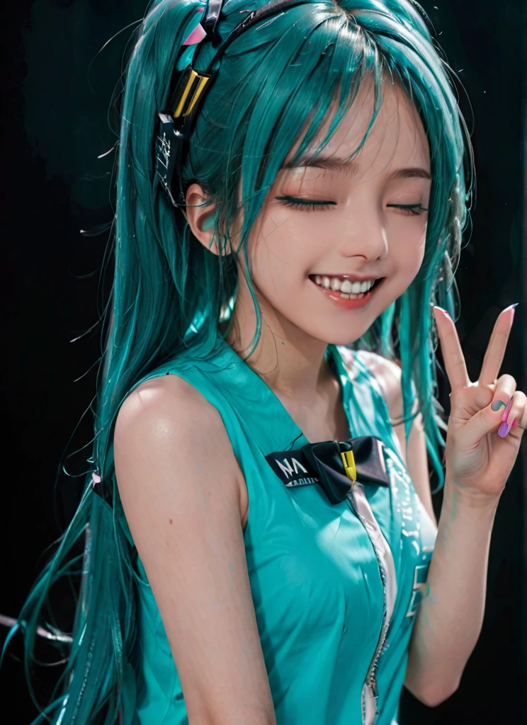 score_9, score_8_up, score_7_up, score_6_up, tatata_style BREAK
hatsune miku, 1girl, :d, claw pose, hair between eyes, hand up, looking at viewer, open mouth, raised eyebrows, sleeveless shirt, smile, solo, teeth, upper body, upper teeth only, very long hair, aqua nail polish, half-closed eyes , black background
