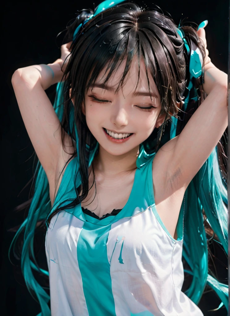 score_9, score_8_up, score_7_up, score_6_up, tatata_style BREAK
hatsune miku, 1girl, :d, claw pose, hair between eyes, hand up, looking at viewer, open mouth, raised eyebrows, sleeveless shirt, smile, solo, teeth, upper body, upper teeth only, very long hair, aqua nail polish, half-closed eyes , black background
