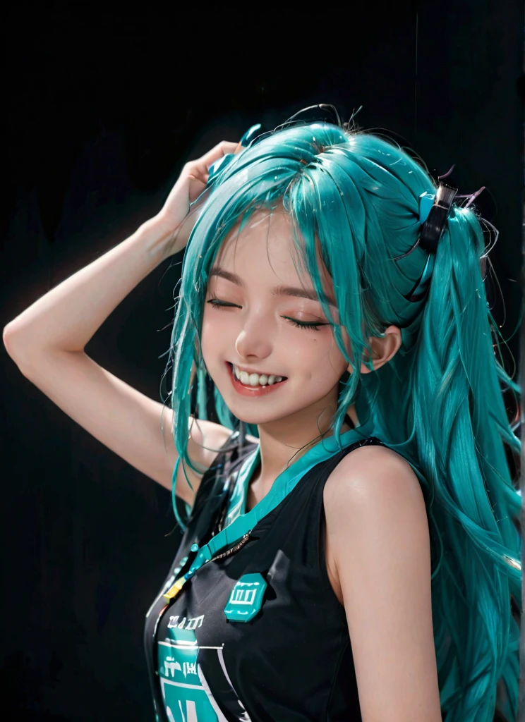 score_9, score_8_up, score_7_up, score_6_up, tatata_style BREAK
hatsune miku, 1girl, :d, claw pose, hair between eyes, hand up, looking at viewer, open mouth, raised eyebrows, sleeveless shirt, smile, solo, teeth, upper body, upper teeth only, very long hair, aqua nail polish, half-closed eyes , black background
