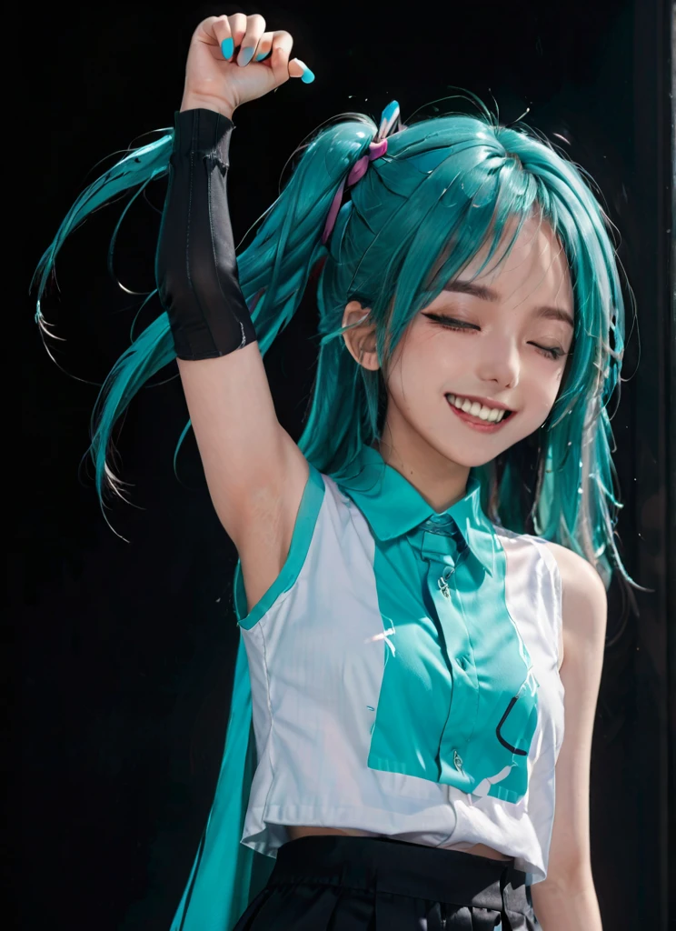 score_9, score_8_up, score_7_up, score_6_up, tatata_style BREAK
hatsune miku, 1girl, :d, claw pose, hair between eyes, hand up, looking at viewer, open mouth, raised eyebrows, sleeveless shirt, smile, solo, teeth, upper body, upper teeth only, very long hair, aqua nail polish, half-closed eyes , black background
