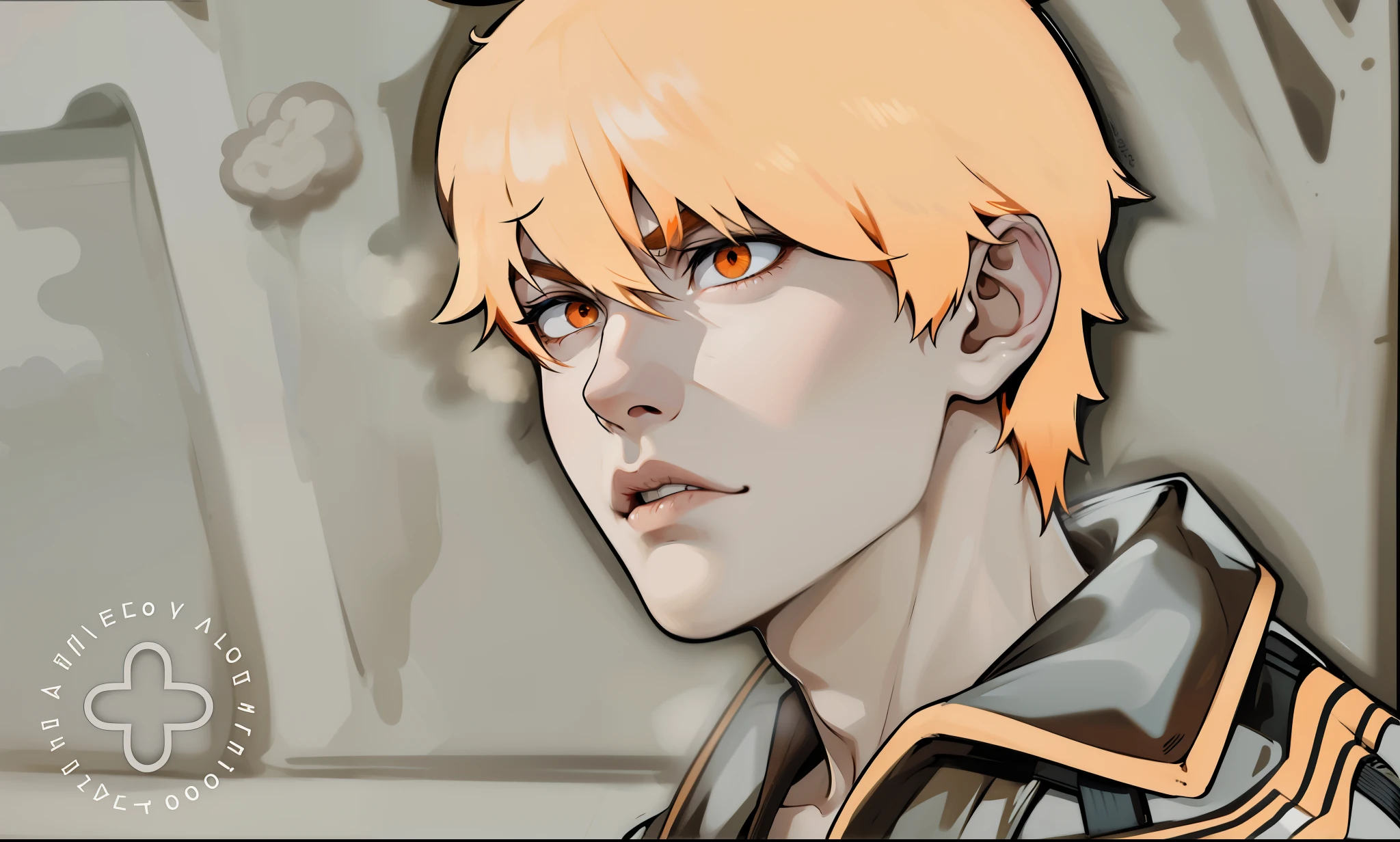 cute boy with orange hair and orange eyes is upset he is talking to someone with his mouth open he is serious angry sad