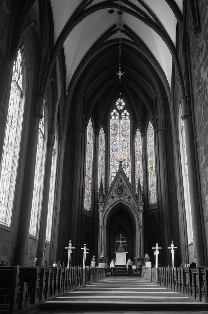 "The photo has only black and white colors, a large stone and wooden church, in front of it there are people doing a rite where a flame comes out of the middle"