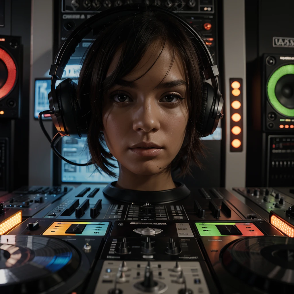 Color photo with dj, close up for approximate photo, dubstep sound, sound table.