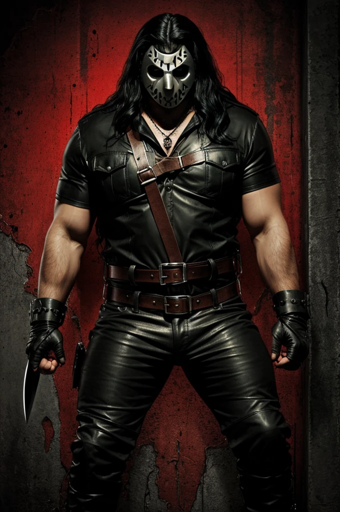 a big guy with long black hair
long leather cuffs and a Jason voorhees mask a black t-shirt with leather harness camouflage pants skull belt buckle and big leather boots
holding a knife
fighting a hord of vampirs
comic book horror art style black and red color palette