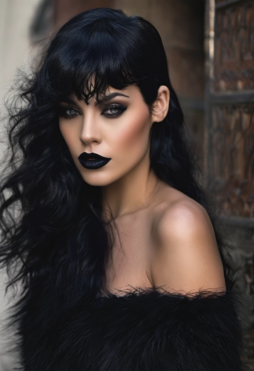 a closeup of a woman with long black hair and a black top, dark hair and makeup, black fur cuervo, black fur oscuro, dark lipstick, long black fur, black fur largo ondulado, dark hair, dark hair, dark hair, black fur azabache, Lush unkempt black hair, black fur, black lipstick, lush black hair