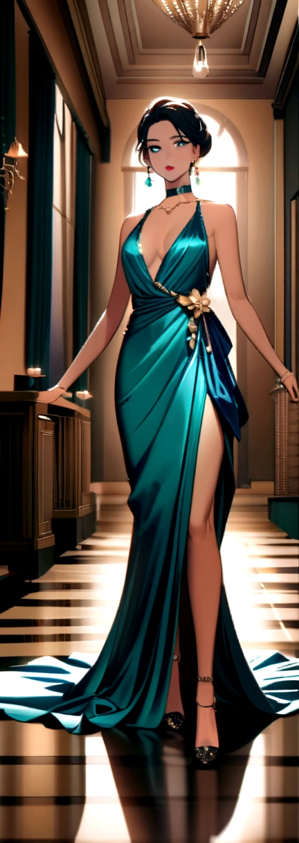 (masterpiece), (high resolution, 8k), (high detailed), woman mature, tall, (wavy long hair (dark blonde)), beautiful face, (close mouth:1.2), tired smile, small breast flat, wearing dark teal colored crystal themed draped top and black colored loose pants and draped sarong, standing on bedroom, anime style