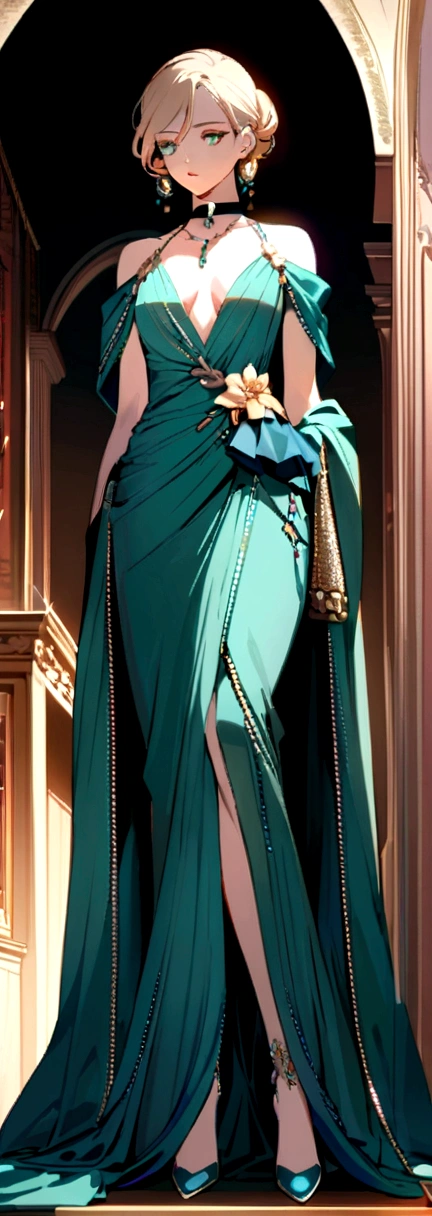 An exquisite image of an impeccably dressed man in shorts., elegant dress, with a natural makeup look and luxury accessories. The man wears a turquoise satin dress., embellished with sequins, that flows gracefully around your figure. A delicate choker with a large gemstone and matching earrings complete her ensemble... The background shows a dimly lit room with high ceilings., exuding a sense of opulence and sophistication.