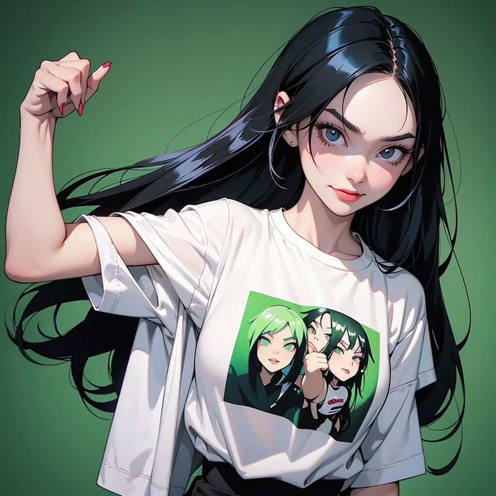 girl similar to gorillaz noodle, long black and green gradient straight hair ((drawing)), ((anime girl nose)), white t-shirt, resting her chin on her hand (pose for photo) tattoos on her arms, showing her tongue, art cyberpunk, malicious look, nervous ager, malicious smile, classroom background scene and teacher fighting with students, art inspired by Jamie Hewlett,