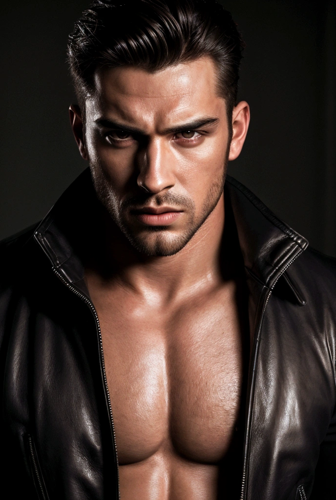 a handsome man with a big chest in a leather jacket, extremely detailed facial features, sharp focus, highly detailed skin, shirtless, dramatic chiaroscuro lighting, realistic hyper-detailed portrait, photorealistic, cinematic lighting, high contrast, vivid colors, 8k, masterpiece