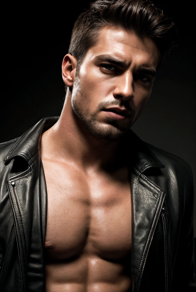 a handsome man with a big chest in a leather jacket, extremely detailed facial features, sharp focus, highly detailed skin, shirtless, dramatic chiaroscuro lighting, realistic hyper-detailed portrait, photorealistic, cinematic lighting, high contrast, vivid colors, 8k, masterpiece