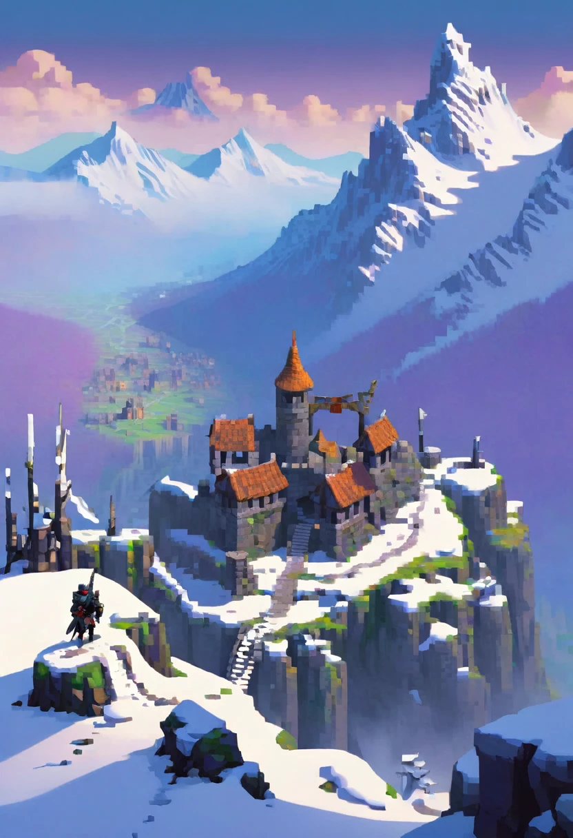 valley with ruins on the top of snowy mountain with medievil soldier on top