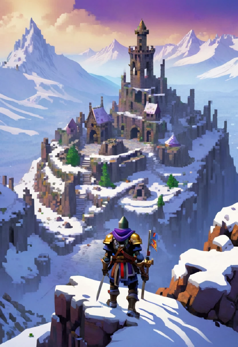 valley with ruins on the top of snowy mountain with medievil soldier on top