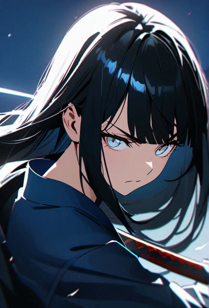 Young woman, perfect anatomic draw, perfect eyes, long black hair, beautiful eyes, straight bangs down, white  eyes, beautiful, (blue  kimono), in the blue  background, serious face, serious woman, brave pose, fighting with a katana, 8k, high quality, full HD.
