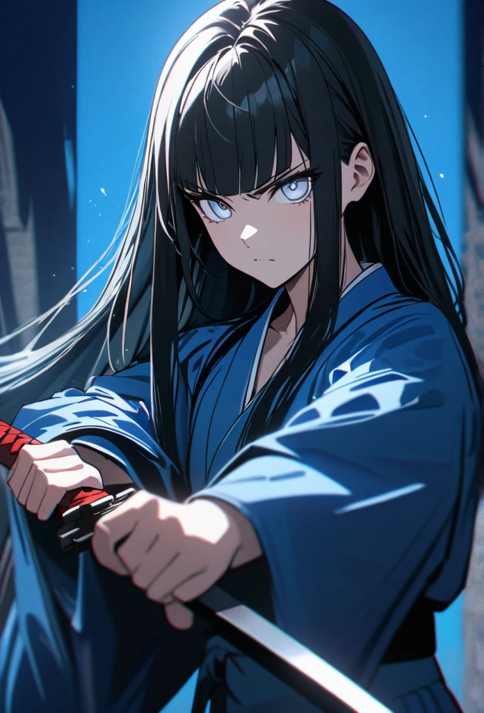 Young woman, perfect anatomic draw, perfect eyes, long black hair, beautiful eyes, straight bangs down, white eyes, beautiful, (blue kimono), in the blue background, serious face, serious woman, brave pose, fighting with a katana, 8k, high quality, full HD.
