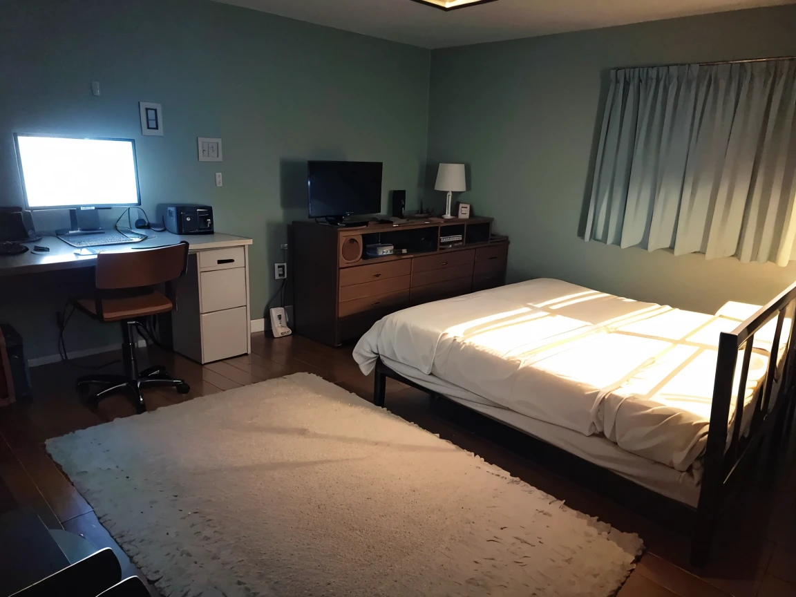 A dark bedroom with just a PC、No people