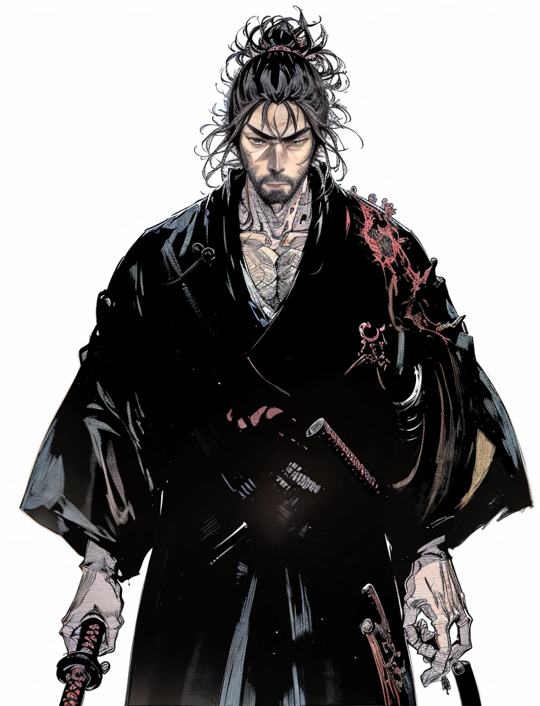 close up of a person holding a katana, portrait of samurai, handsome guy in demon slayer art, dark cloaked necromancer, musashi miyamoto, standing, fighting stance, looking at the viewer, front camera, eye level, handsome, beard, long hair, angry expression, drawing sword pose,